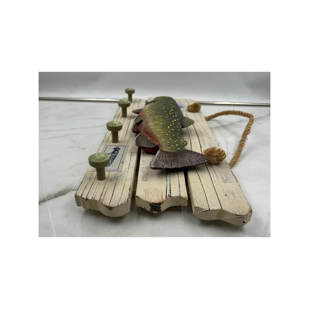 Rustic Wooden Brook Trout Fish Wall Plaque Key Rack Cabin Decor 19.5 Inch